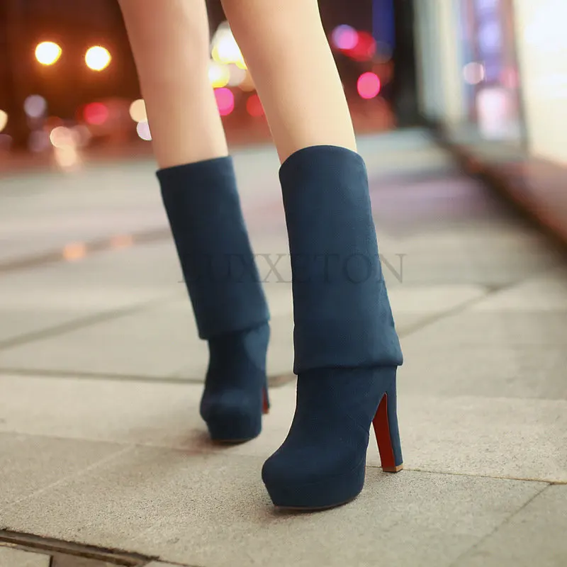 Women High Heel Boots Slip On Over The Knee Sexy Long Platform Ankle Patchwork Flock Two Ways Wear Plus Size 35-43