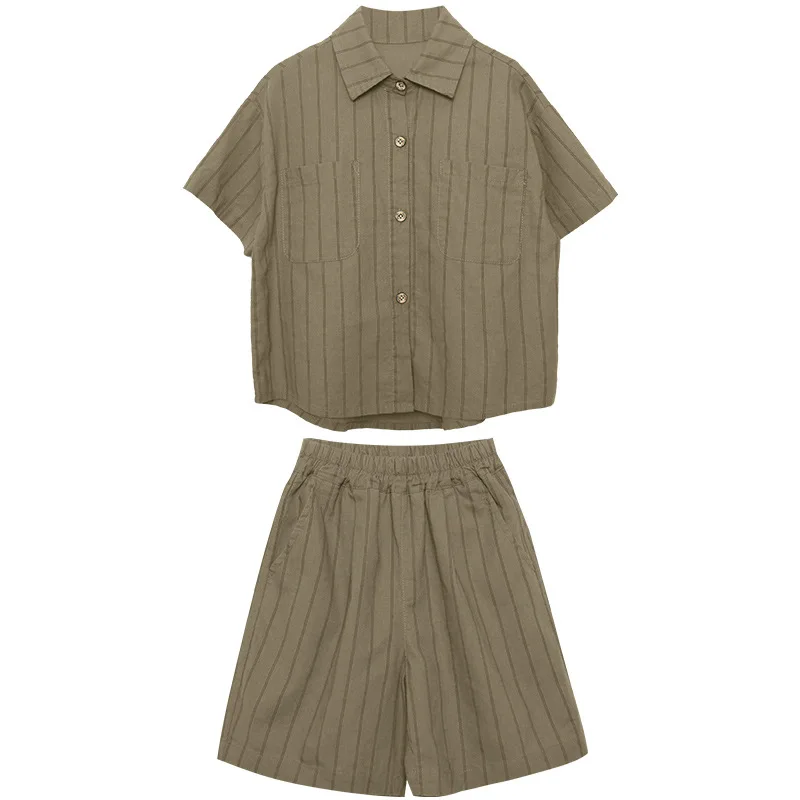 Abbigliamento per bambini Set da ragazzo Estate Nuova camicia a righe per bambini in cotone e canapa Pantaloncini a maniche corte Set da due pezzi - immagine 5