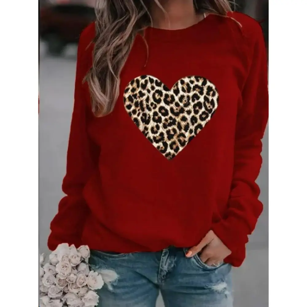 Women's Round Neck Pullover Long-sleeved Leopard Print Sweatshirt Heart-shaped Hooded Sweater Top