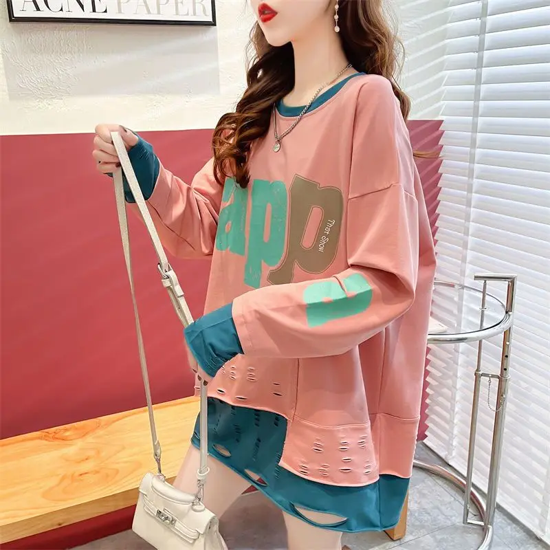 DAYIFUN Spring Autumn O-neck Hoodies Women Versatile Oversize Loose Hole Fake Two Piece Design Pullover Sweatshirts 2024 New Top uprakf ripped sweater autumn loose fake two piece winter tops warm fashion streetwear trendy oversize knitted pullover