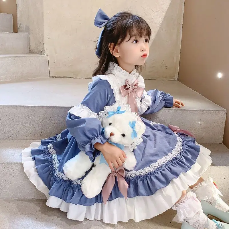 Winter Thicker Lolita Dress Girls Kids New Year Dress Long Sleeve Blue Alice In Wondeland Cute Lolita Doll Teen