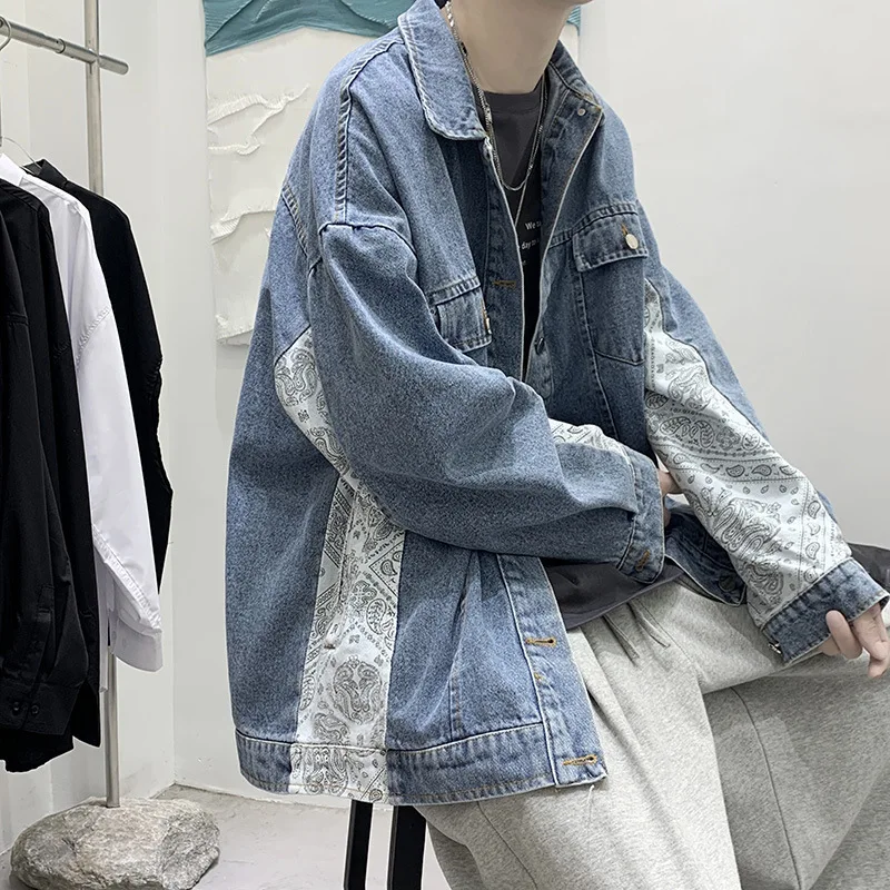 

Loose Denim Jacket Men Black Blue Turn-down Collar Cowboy Outwear Hoogkong Style Vintage Harajuku All-match Jean Coat Autumn