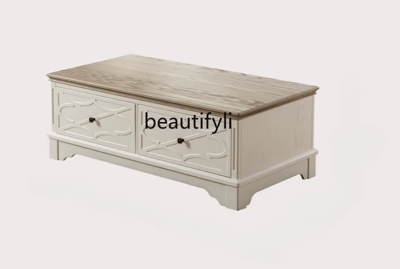 

American-Style Solid Wood Carved Coffee Table TV Cabinet Combination Cream Furniture Small Apartment All Solid Wood