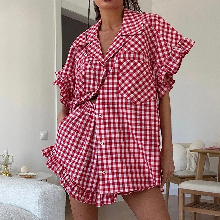 Linad Office Single-Breasted Shirts Elegant Plaid High Waist Shorts With Button Up Shirts 2 Piece Set Street Chic Outfits Summer