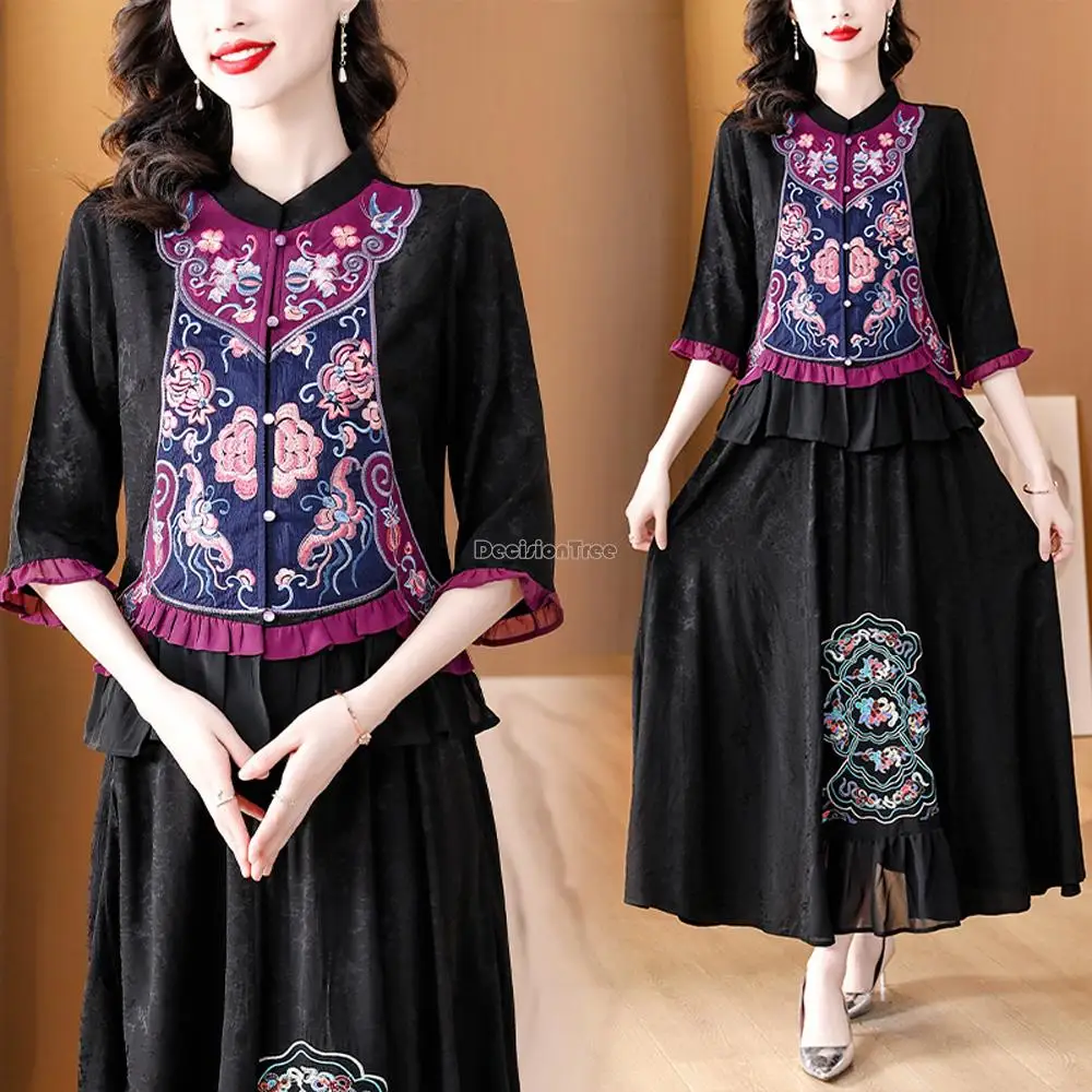 

2023 chinese embroidery retro short top summer women's blouse half sleeve stand collar women chinese national casual blouse s162