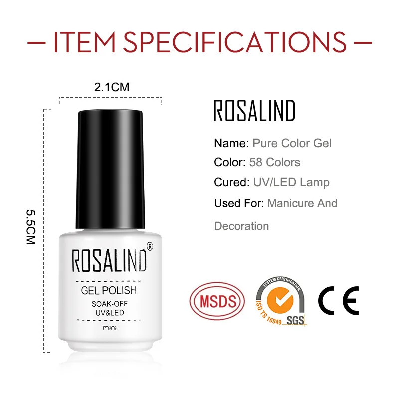 ROSALIND Spring&Summer Pure Color Nail Gel Polish Hybrid Varnish Semi Permanent Nail Art Soak Off UV Nail Gel Top Base Coat