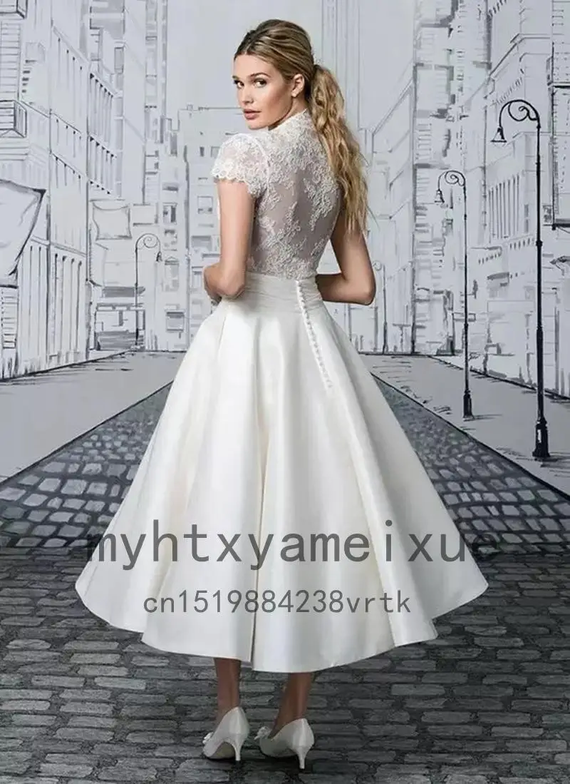 Sexy Short Wedding Dresses 2022 Cap Sleeve V-neck Lace Appliques Button Elegant Satin Bridal Gown Plus Size Robe De Mariee long sleeve bridal gowns