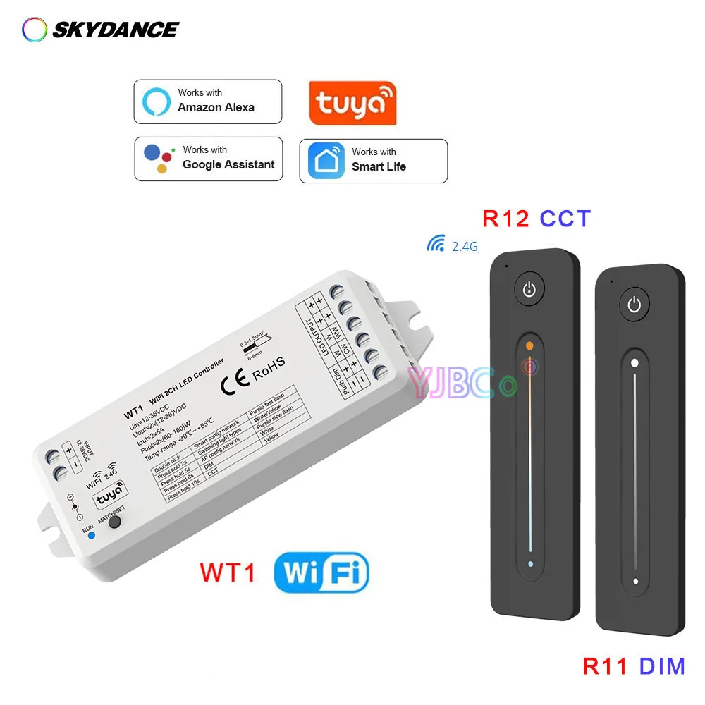 WT1 WiFi Push-Dim 2 Channel Receiver 12V 24V Tuya CCT LED Strip Dimmer Switch Wireless 2.4G RF Single color WW CW Controller