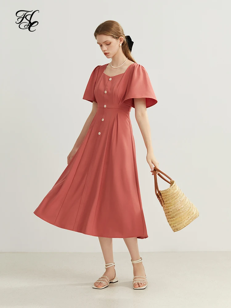 

FSLE French Retro Square Neck Dress Women Flying Sleeve Thin A-Line Casual Commute Office Lady Elegant Summer Female Dress
