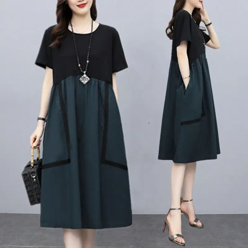 Fashion-Korean-Women-s-Clothing-Round-Neck-Double-Pockets-Patchwork ...