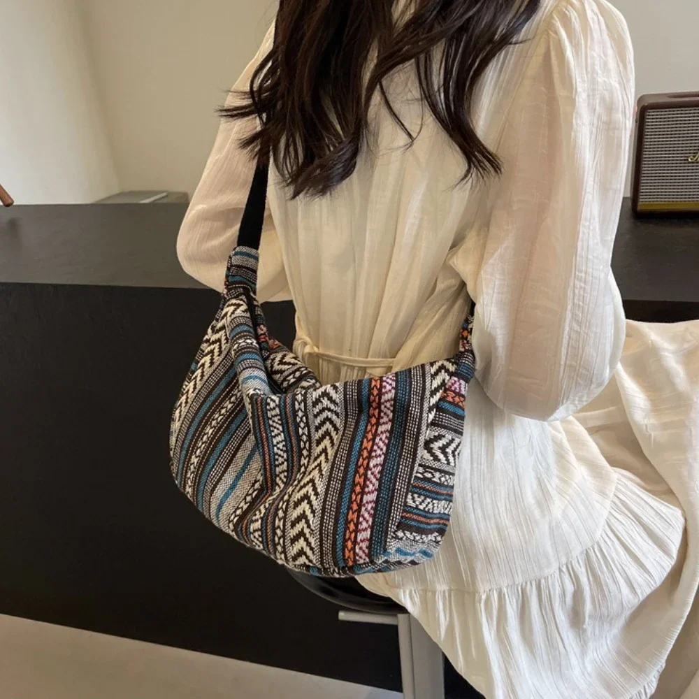 Tribal Style Shoulder Bag, Foldable Crossbody with Zipper Closure, Striped Pattern, Flag Theme Hand Washable Edge Painted Lining