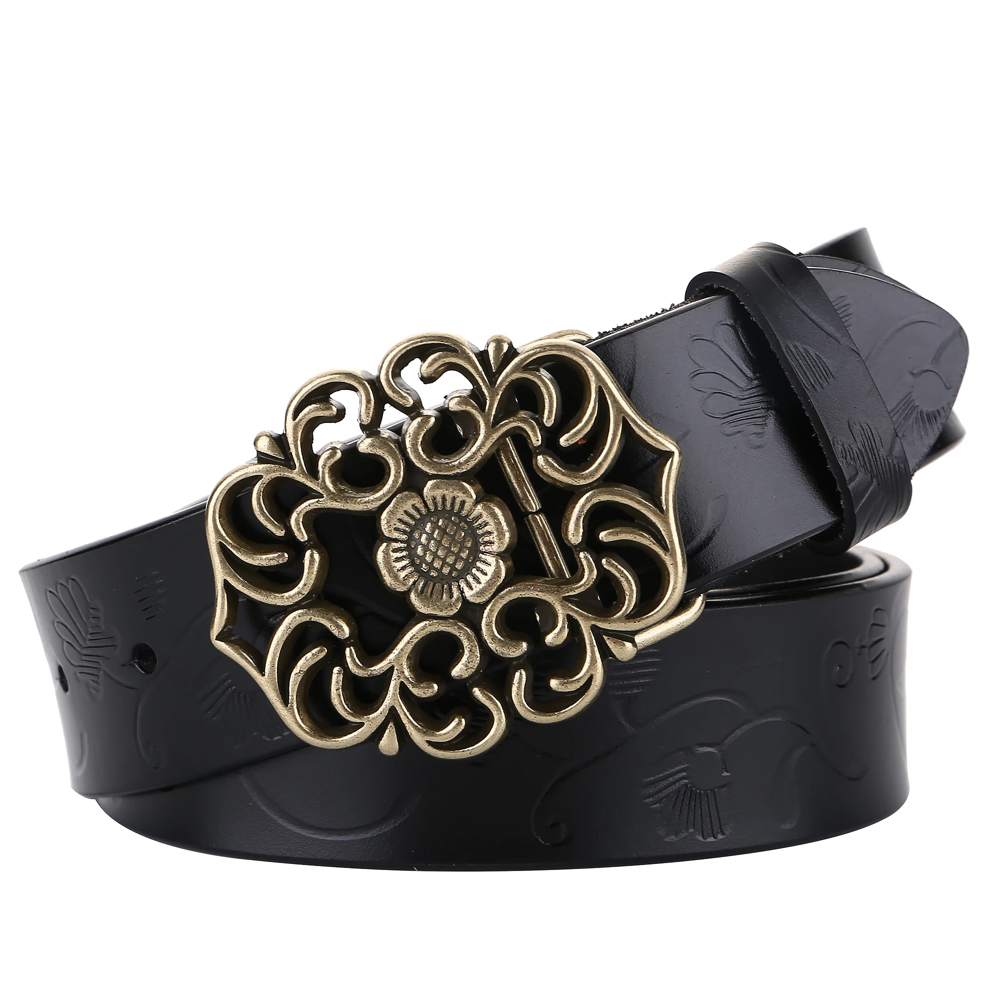 Cintura Donna Vintage In Pelle Bovina Con Fibbia Lega E Design Floreale Intagliato - Nero, Bianco, Caffè, Cammello - 110cm