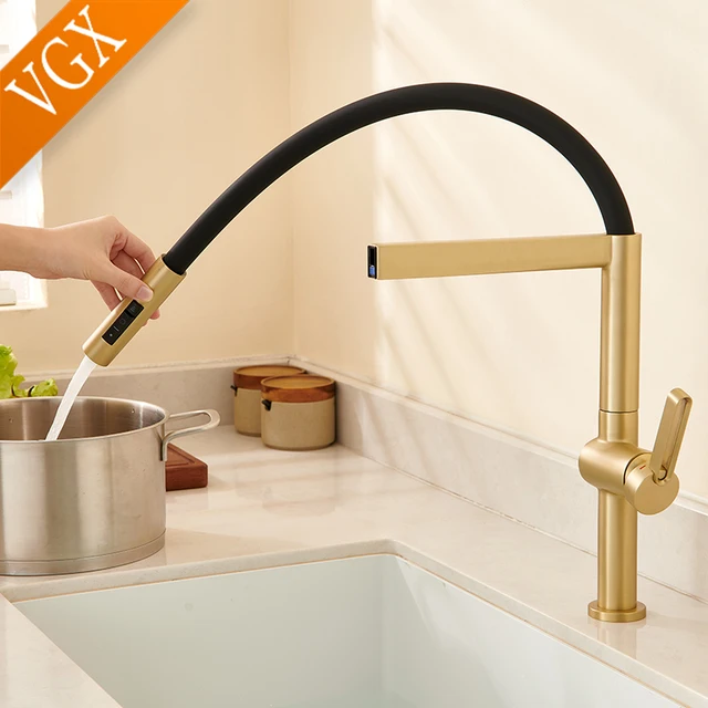 VGX ก๊อกน้ําห้องครัวก๊อกน้ําอ่างล้างจานยางดึง Stream Sprayer ก๊อกหมุนได้ห้องครัว Mixer Water TAP ร้อนเย็น Crane ทองเหลืองทอง 4