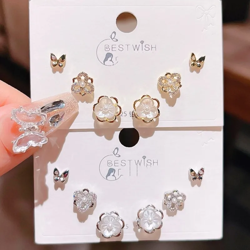 6Pcs/set Tiny Flower Butterfly Zircon Stud Earrings Sets for Women 2024 New Trend White CZ Earrings Fashion Jewelry Sets