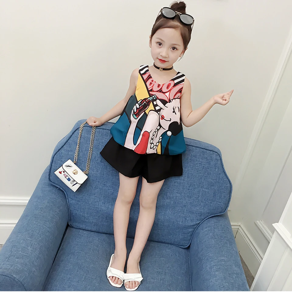 

Summer Kids Girls Clothes Teenager Sleeveless Vest + Shorts 2pcs Children Clothing Set Cartoon Girls Tracksuit 4 6 8 10 12 Years