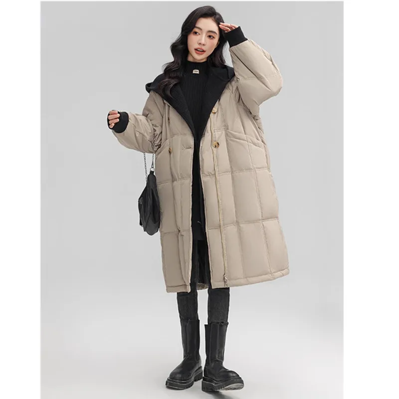 Long White Down Jacket Women's Winter Double Breasted Loose Over Knee Coat Down Jacket Detachable Knit Cap