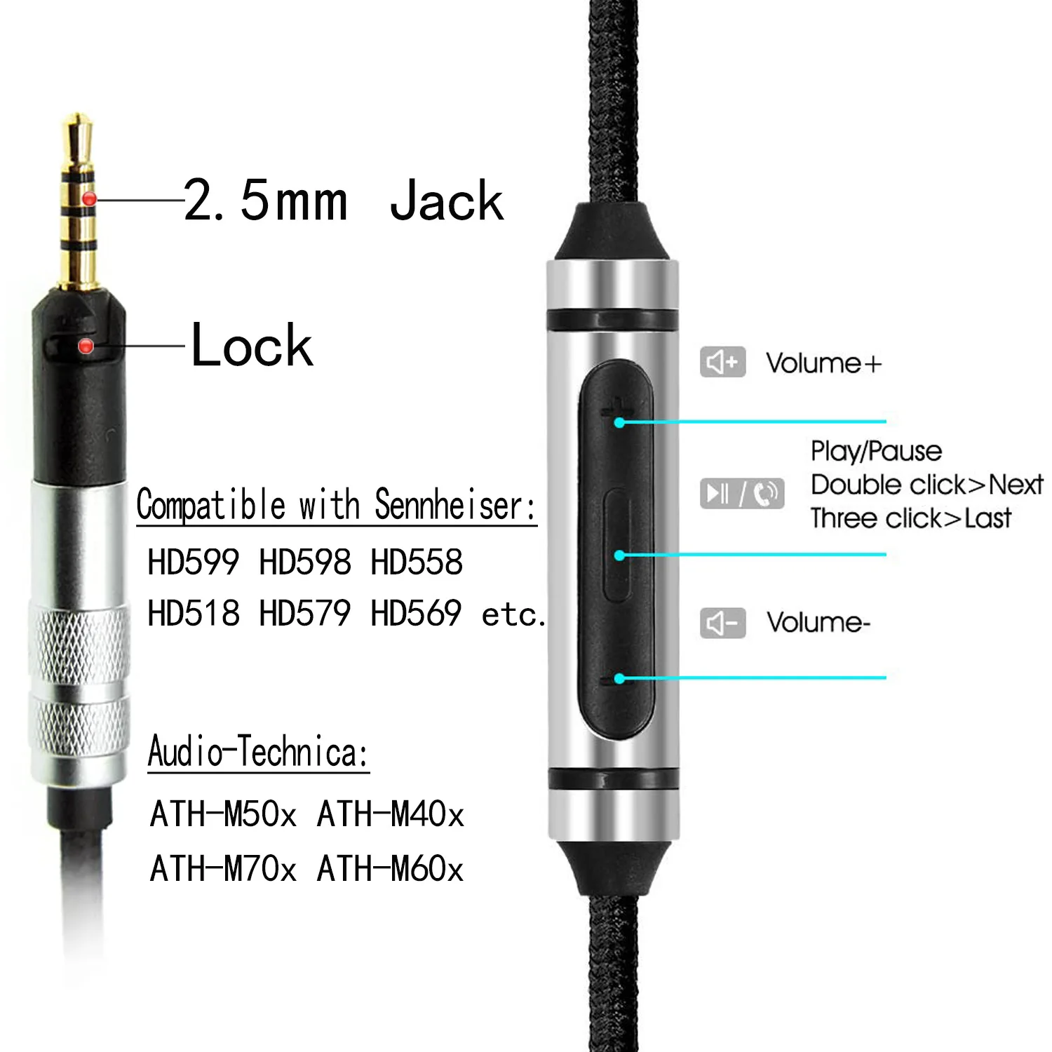 Replacement Headphone Cable for HD598 558 518 598se HD579 599 hd560s ATH M50X M60X M70X M40X Audio Cable