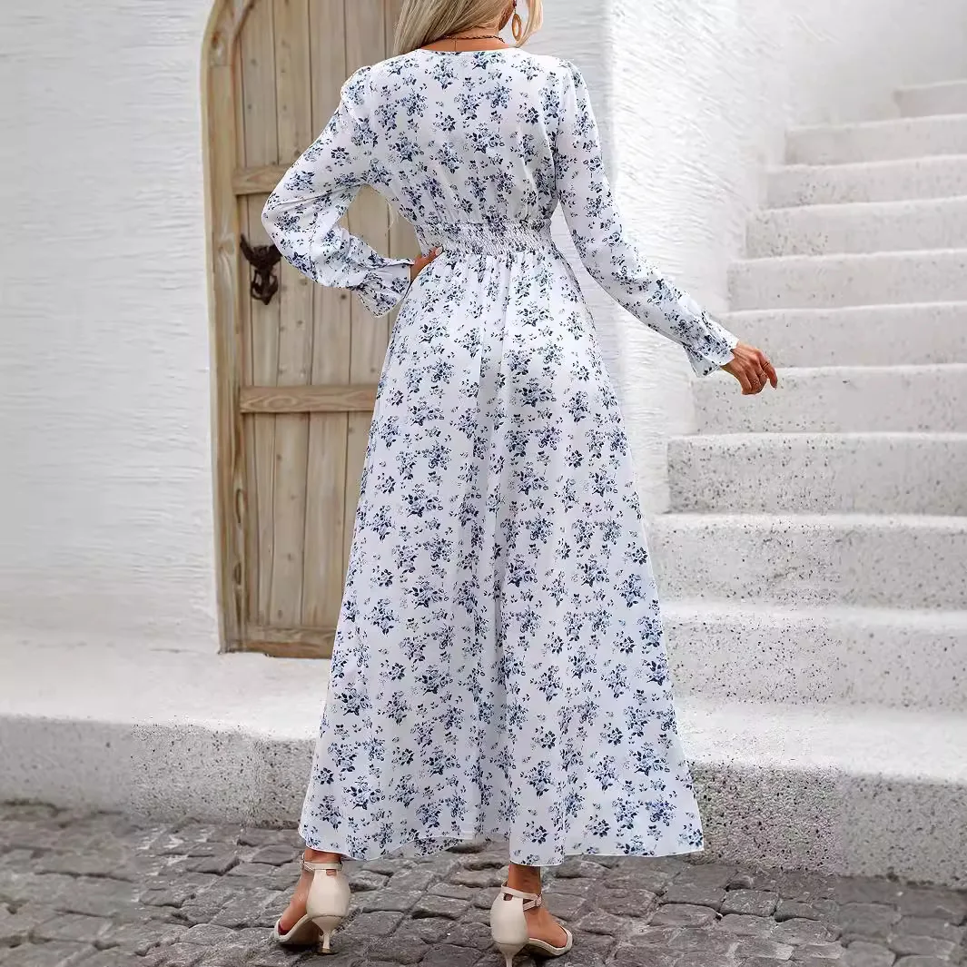 2025 Abito lungo ampio con scollo a V con stampa floreale da donna autunno a maniche lunghe Abito stile casual da sera formale alla moda ed elegante 4