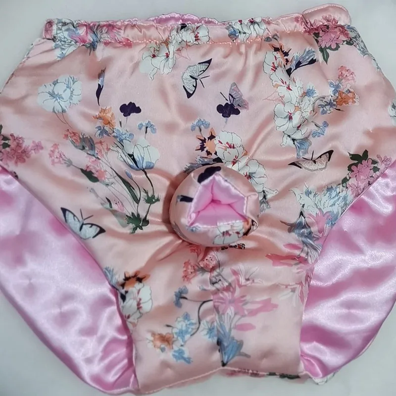 Men Sexy Glossy Soft Floral Silky Touch Briefs Filled Long Staple Cotton Sheath Underpants Warm Strings Anti static Costumes men briefs