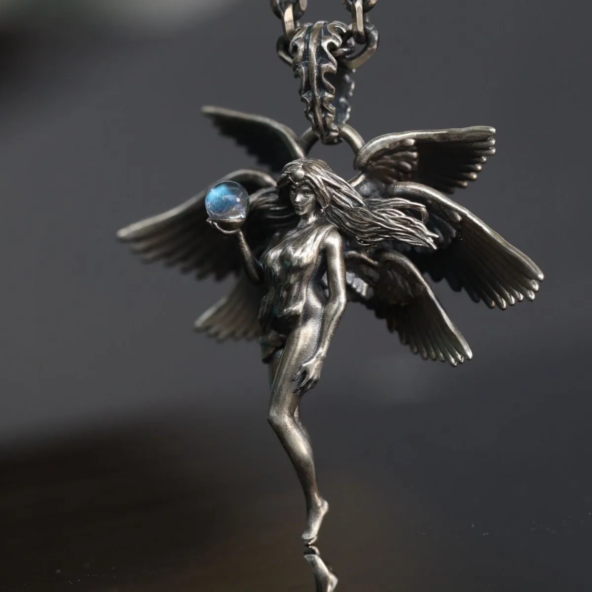 Six Wings Moon Goddess Pendant Necklace Angel Necklace For Men Women Long Chain Necklace Hip Hop Jewelry Accessories