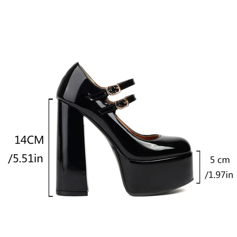 SIMLOVEYO 2024 New Mary Janes Women Pumps Shoes 14cm Thick Block Heel 5cm Platform Patent Leather Two Buckles Big Size 41 43