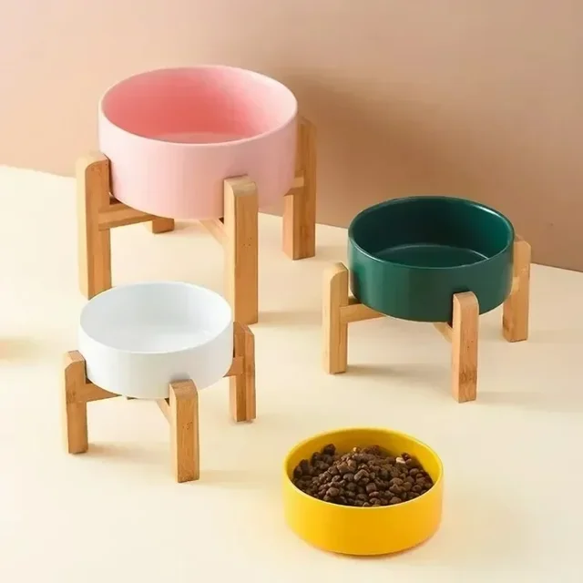 Multi-sized Big Dogs Bowl Ceramic Elevated Pet Food Water Feeders Small Medium Large Dog Feeding Supplies with Wooden Stand 6