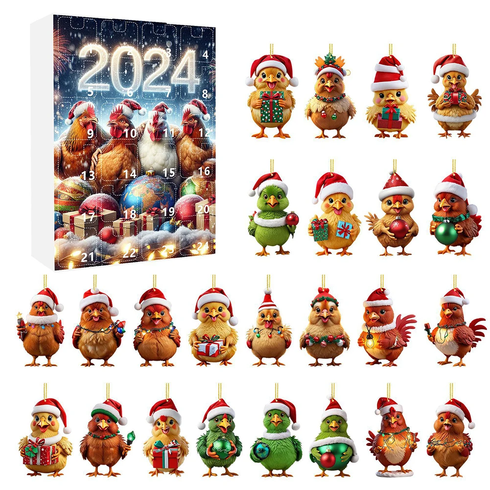 thumbnail image 1 of Calendario de Adviento de pollo con gorro de Papá Noel Calendario de Adviento navideño con adornos colgantes de acrílico 2D Calendario de Adviento para sorpresa navideña, 1 of 5