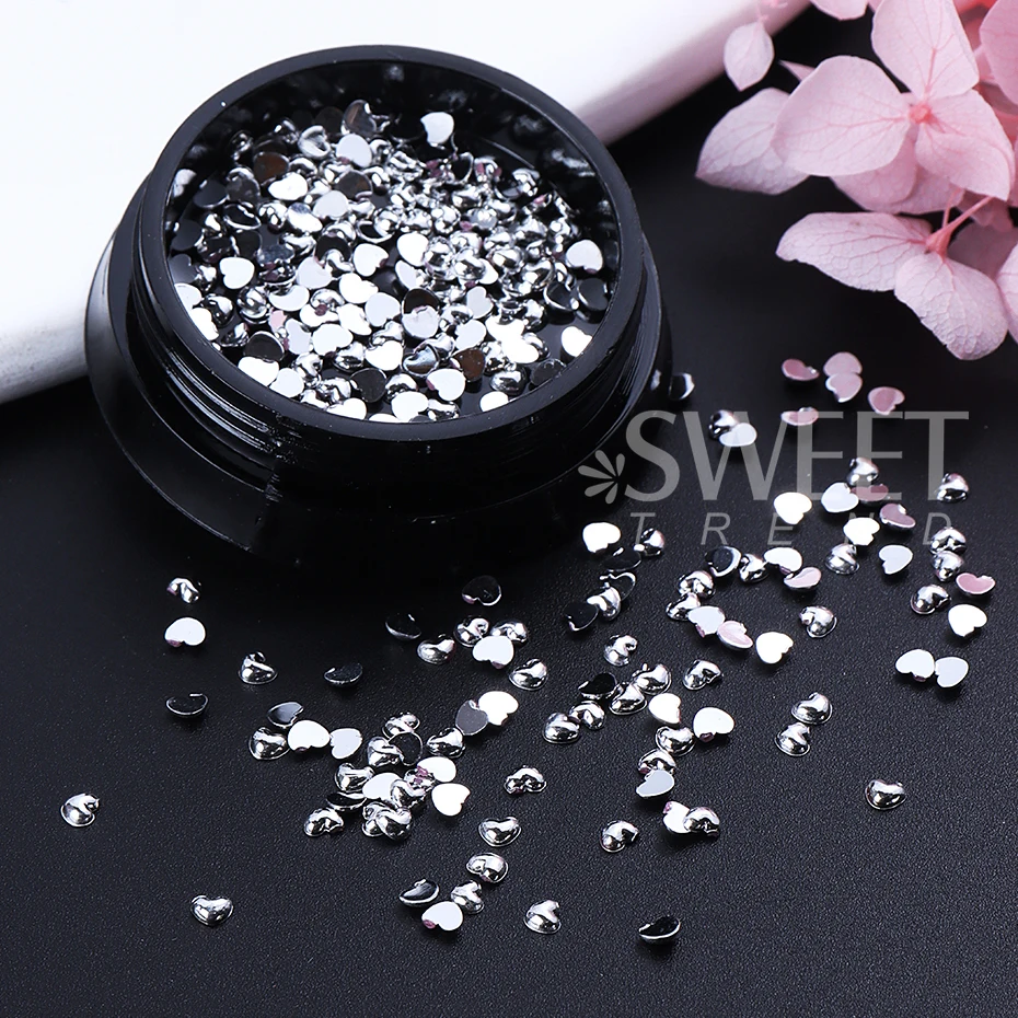 Silver Heart Nail Art Charm 3D Metal Diamond Flat Heart Love Nail Jewelry Luxury Manicure Decoration Accessories Nail Supplies 5