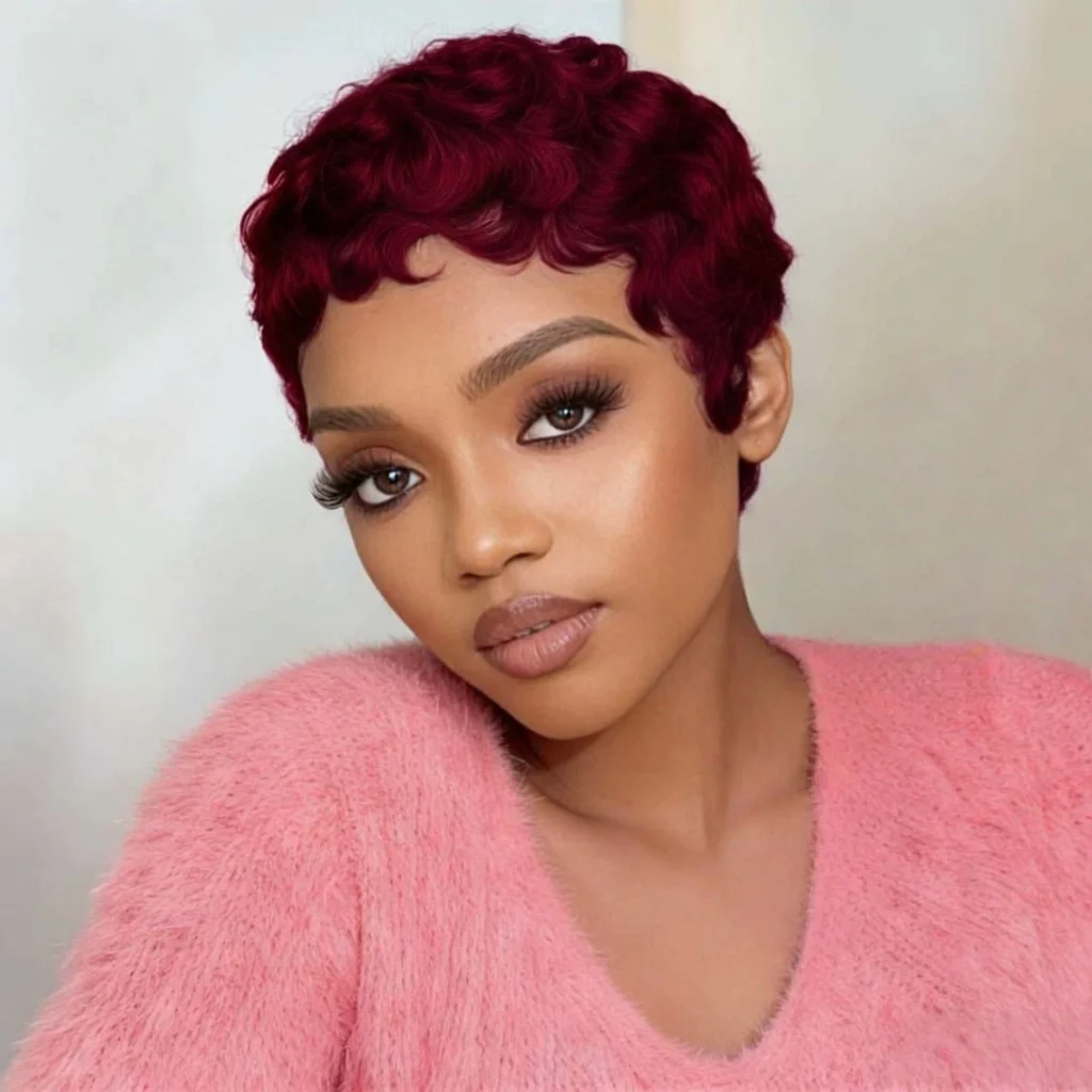 짧은 웨이브 가발 인모 픽시컷 6인치 여성용 인모 자연색 곱슬머리 가발 풀머신제작