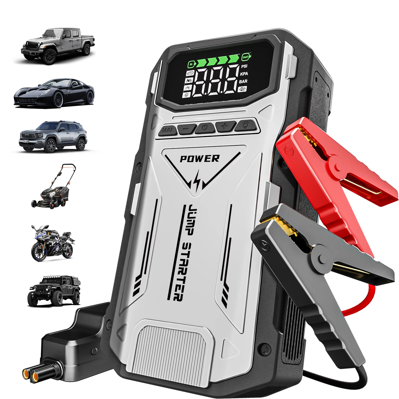 Portable Car Jump Starter With Air Compressor, 5000A Peak(7.5L Gas, 6.0L Diesel) , Jump Starter Battery PackWith150 PSl Tire Inf