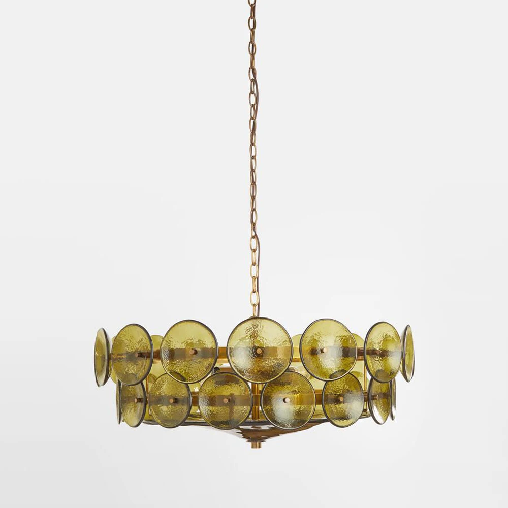 The Italian Retro Pendant Light is a round Mid-Century Modern chandelier with a bronze frame and multiple circular yellow Murano glass discs, suspended from a chain against a plain white background.