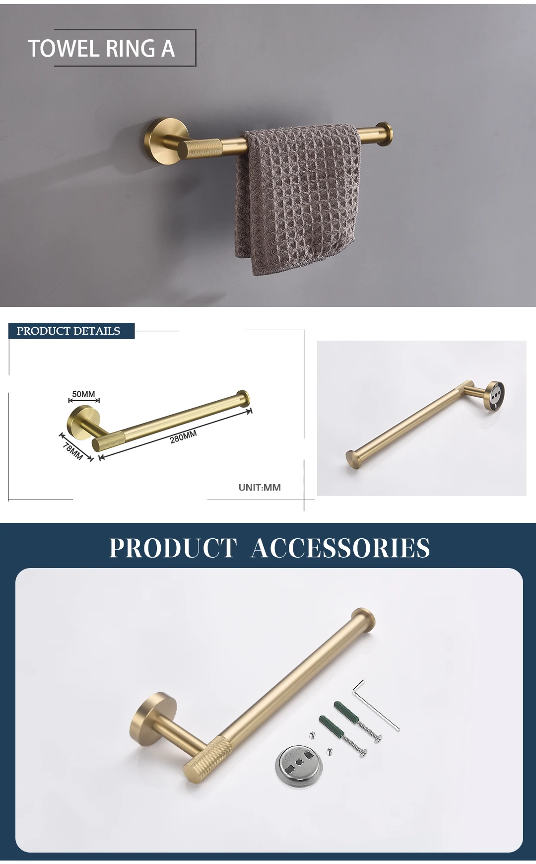 Description Picture 4 of itemBrushed Gold Brass Knurled Round Kit Toilet Brush Towel Bar Ring Robe Hook Paper Holder Towel Ring Cup Holder Soap Dish Set