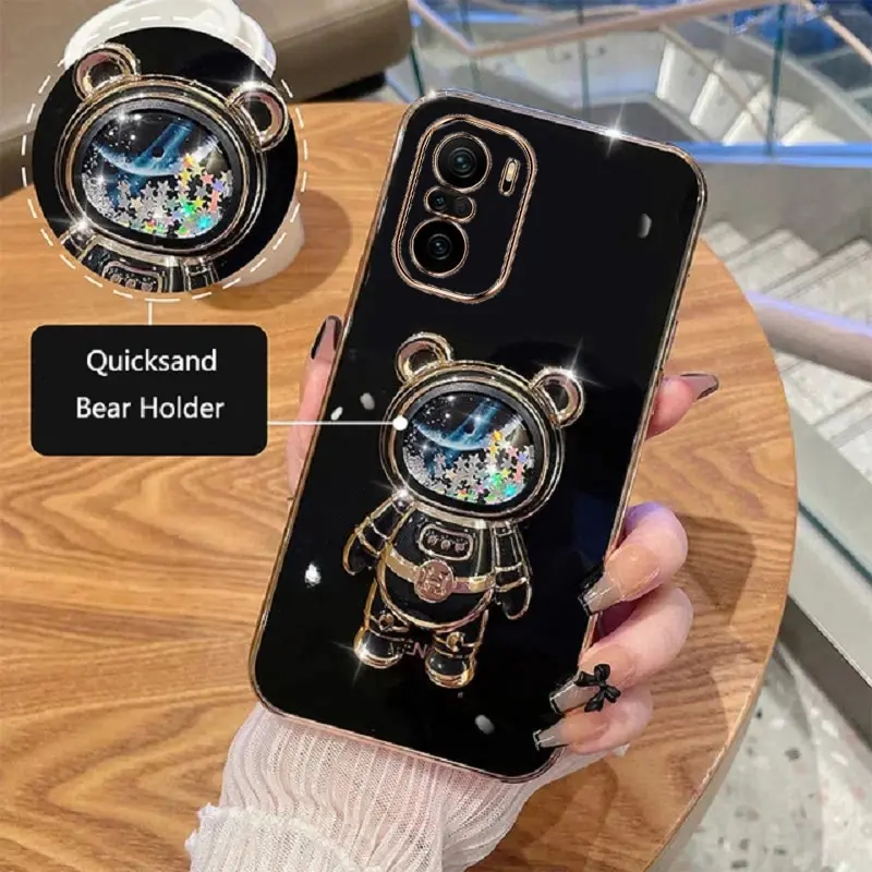

Phone Case for Xiaomi Poco F3 Poco F3 Pro Luxury Plating Quicksand Cartoon Bear Fold Stand Phone Case Cover