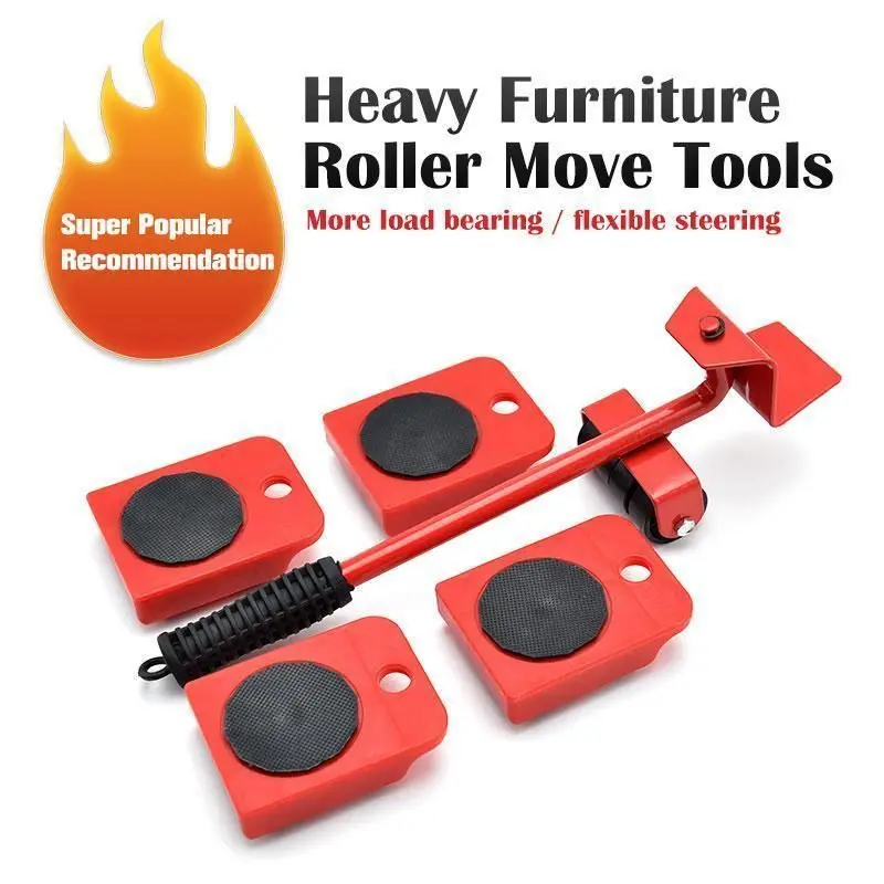 5Pcs Professional Furniture Mover Tool Set Heavy Stuffs Transport Lifter Wheeled Mover Roller with Wheel Bar Moving Hand Device