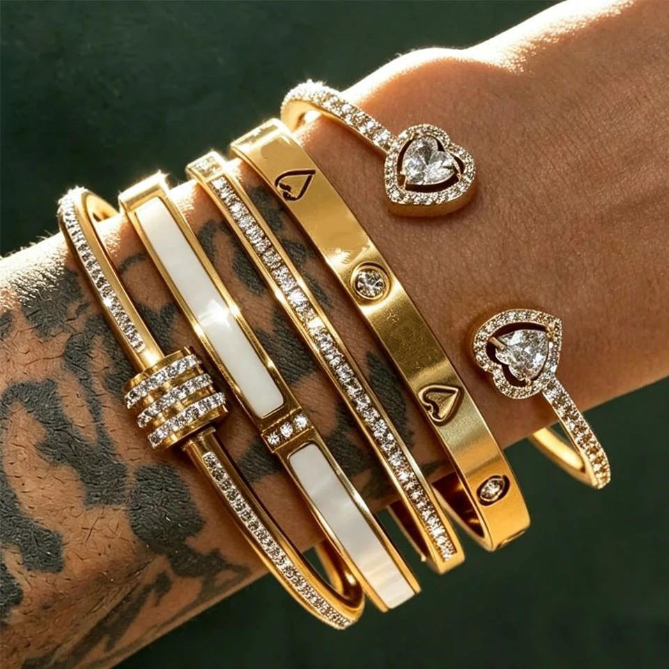 Yupsk 1/3pcs 18K Gold Plated Stainless Steel Heart Bracelet Set Fashion Zirconia Open Bangle Women's Bracelet Set For Daily Wear 2