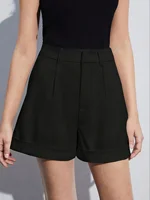 Black Women's Oversized Woven Solid Color Casual Shorts Comfortable Loose Fit High Waist Knee-Length Summer Fashion Black - Image 3