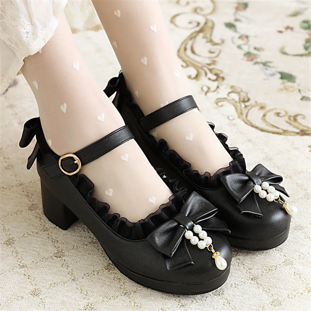 2023 Spring Autumn New Women Pumps Lolita Platform Block High Heels Pink Lace Mary Janes Bow Cosplay Ladies Party Shoes Beige