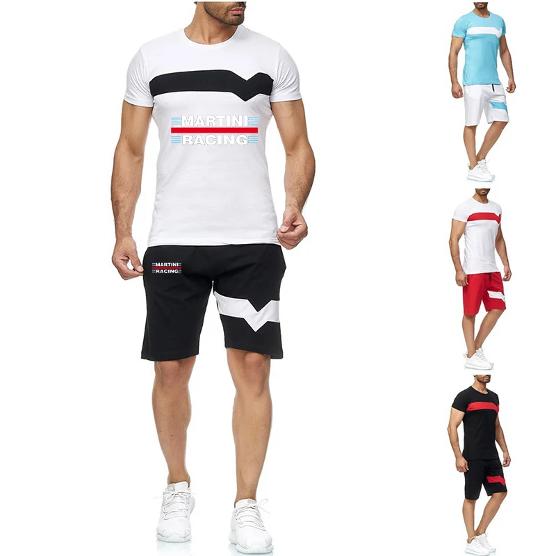 2023 new men's summer martini racing print leisure striped short sleeve high quality fashion T-shirt sweatpants 2-piece set