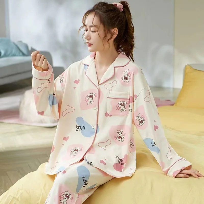 Spring and Autumn Female Loose Sleepwear Sets Long Sleeve Trousers Women Pajamas Set Cardigan Elegant Pijama for Women 2 Pieces