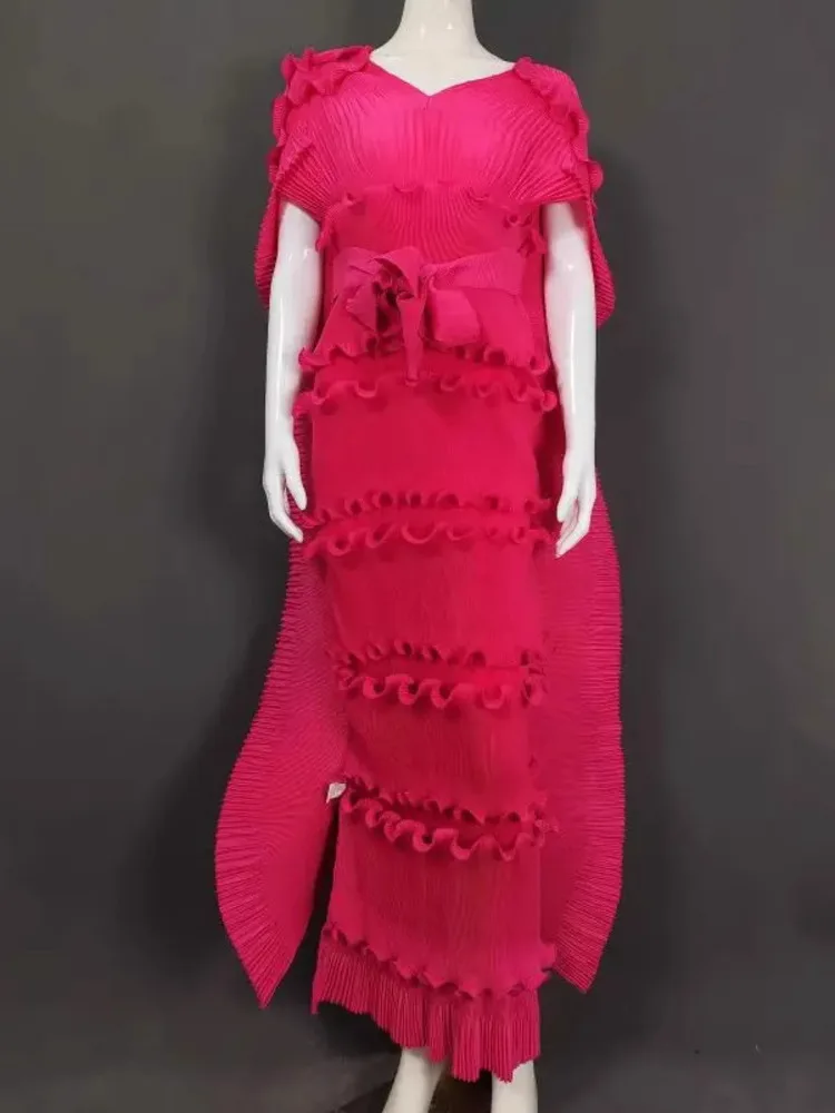 LANMREM Trendy Pleated Dress Women's V-Neck Solid Color Ruffles Cape Style Elegant Party Evening Dresses 2025 Summer New 2DM1105 - Image 2