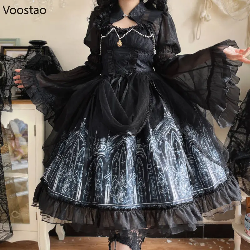 Japanese Gothic Lolita Dress Women Victorian Dark Print Long Sleeve Mesh Shawl Dress Girls Harajuku Y2K Punk Tea Party Dresses lolita dress,lolita suspender dress,lolita cosplay costumes