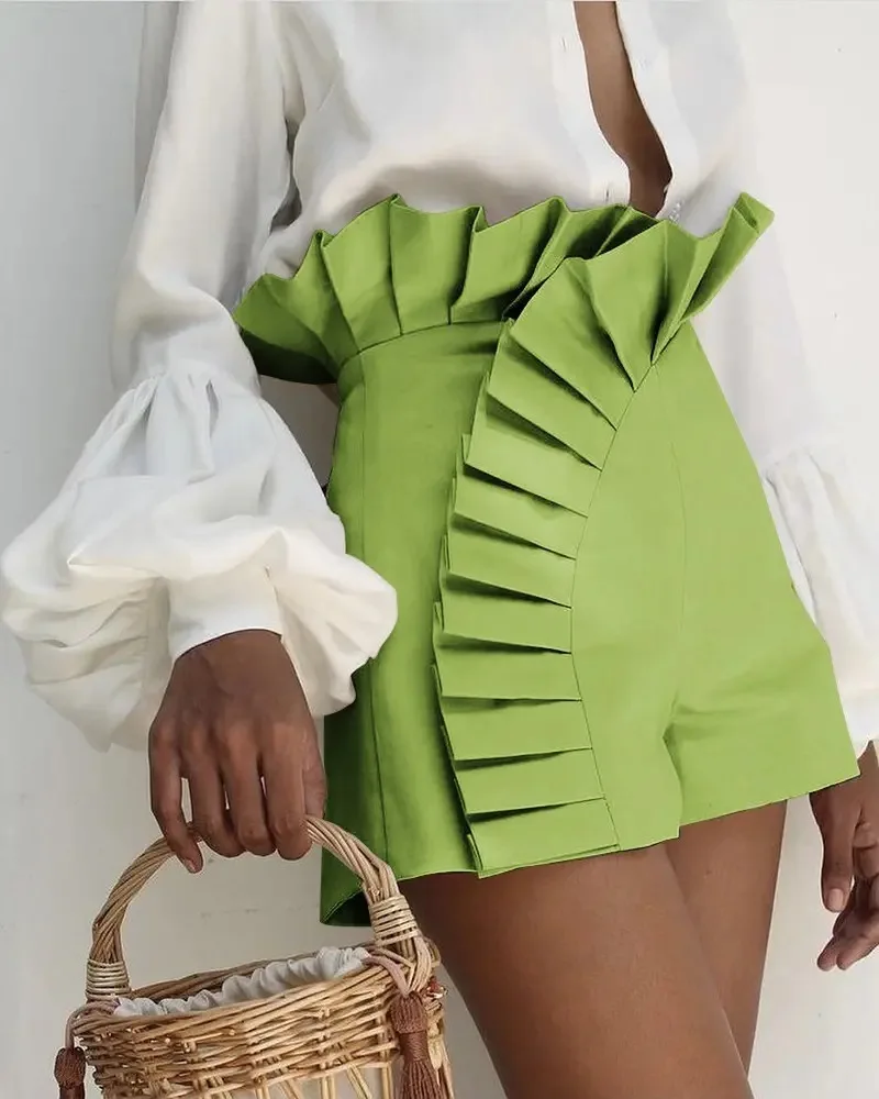 

Ruffled hem hem ruffled shorts, high waist, solid color, sexy, fashion, Europe and the United States