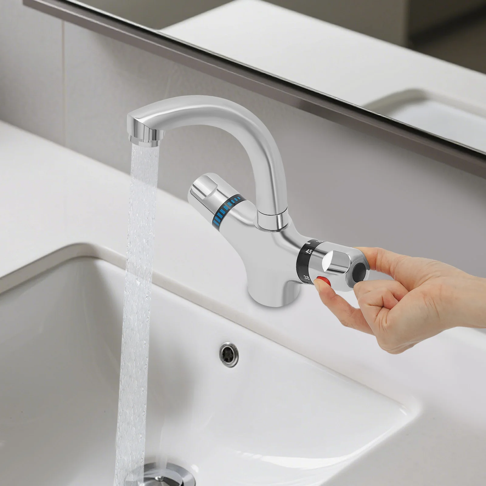 Hochwertiger Küchen-Thermostatmischer aus Messing mit Chrom-Finish, Küchenarmatur, Waschtischarmatur, Badarmatur, 360° drehbar ° Drehbar – Detail 15