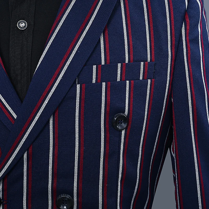 White red Double Striped Navy blue Suit Tuxedo Men's Wedding Party Dress Jacket and Pants Fashion Slim Men Blazer Coat Trousers