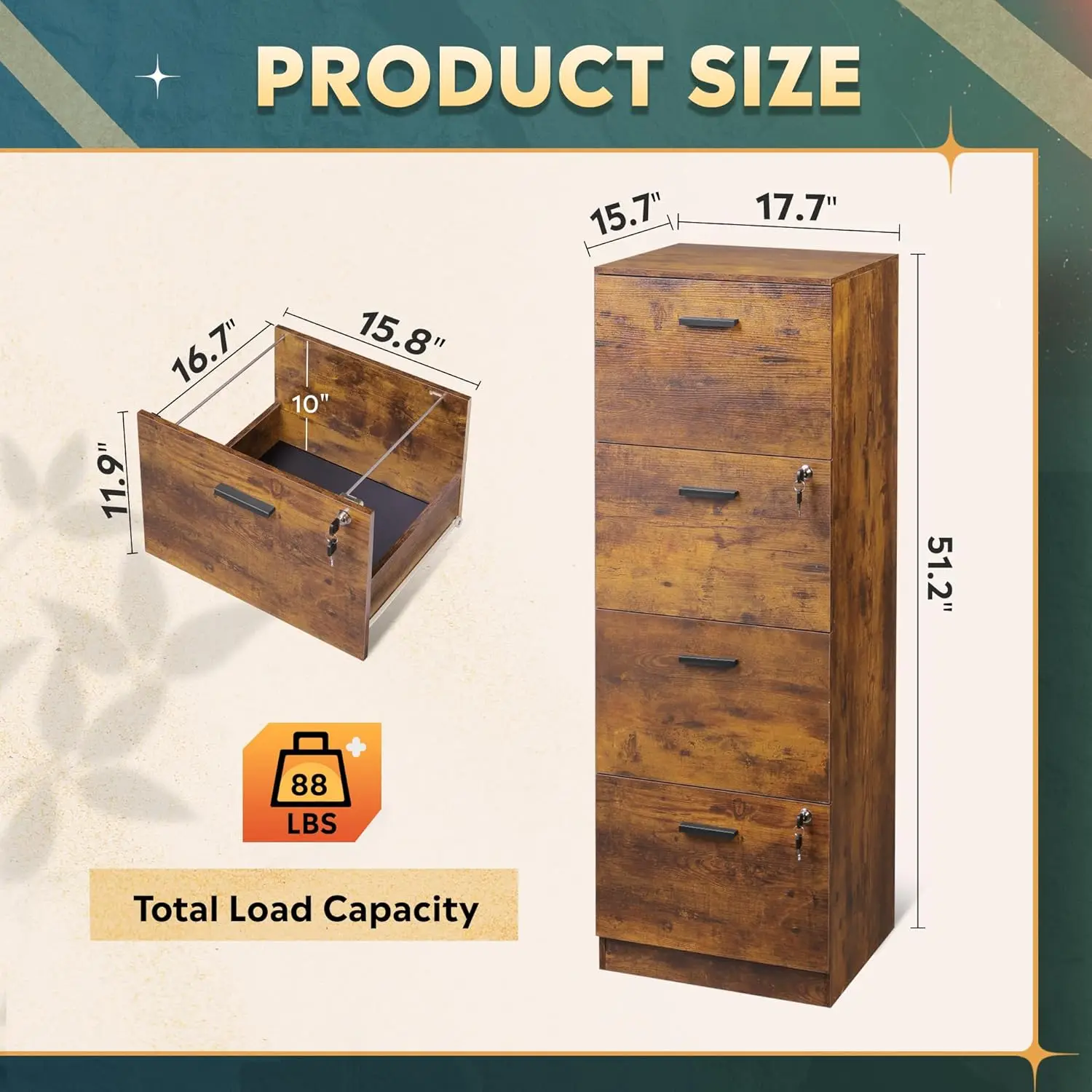 4 Drawer File Cabinet with Lock, Vertical Filing Cabinet for A4/Letter Size Files, Wood Storage Cabinet for Home Office