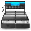 Bed Frame with Drawers，Charging Station,Upholstered Platform Bed w Storage Headboard LED Light, Heavy Duty Metal Frame Support 1