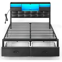 Bed Frame with Drawers，Charging Station,Upholstered Platform Bed w Storage Headboard LED Light, Heavy Duty Metal Frame Support 1