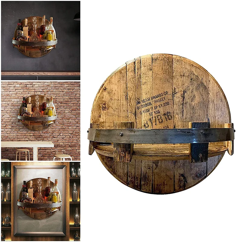 Wooden Vintage Whiskey Barrel Shelf Hand Crafted Liquor Bottle Display Wine Racks Barware Bar Shelves Decor Estantes for Cocin