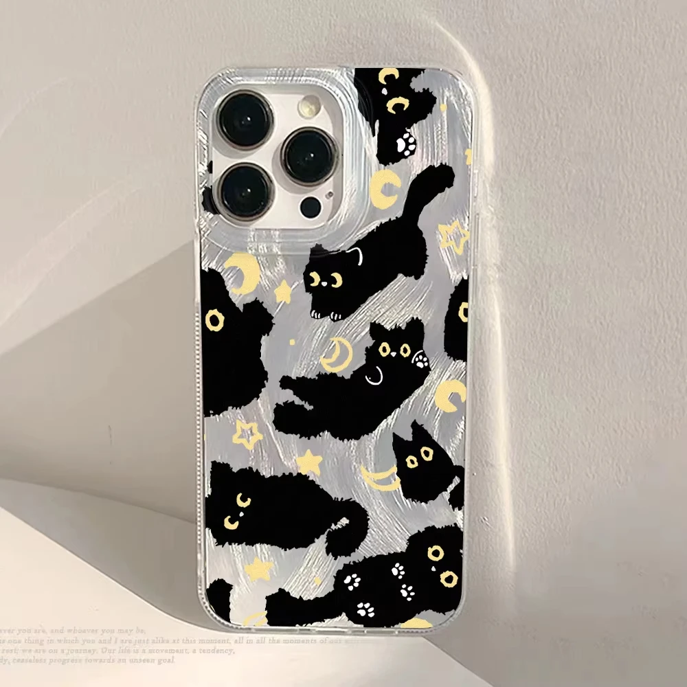 Chic Black Cat Phone Case with Laser Silver Feather Texture - Shockproof Cover