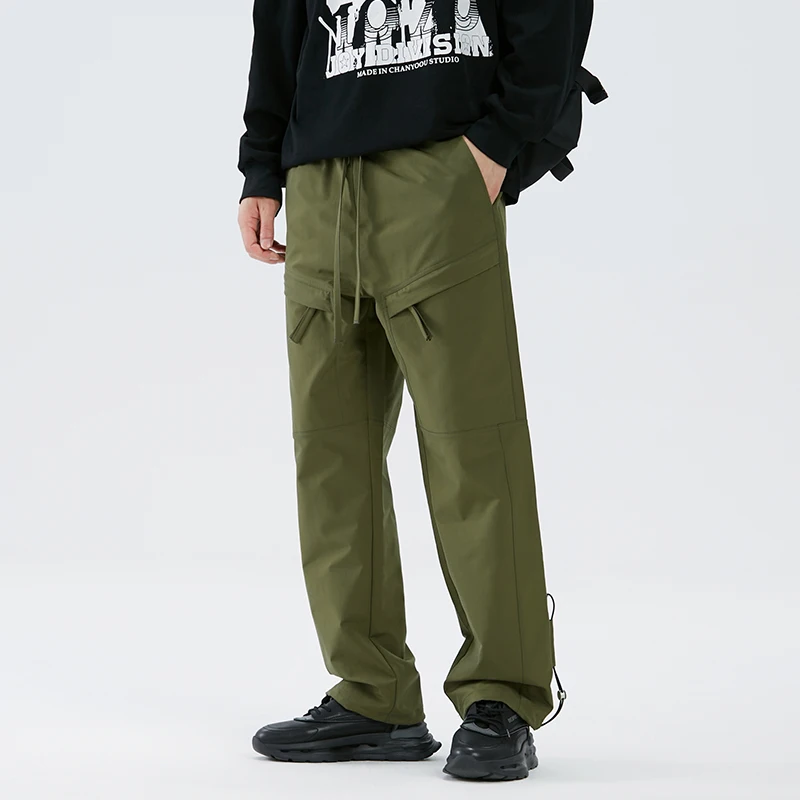 Men's Clothing Spring Autumn Pockets Drawstring Elastic High Waisted Solid Color Casual Trousers Straight England Style Pants